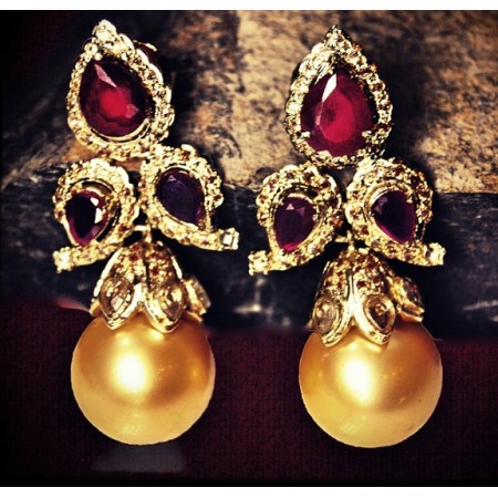 Ruby Golden Pearl Drop Earrings